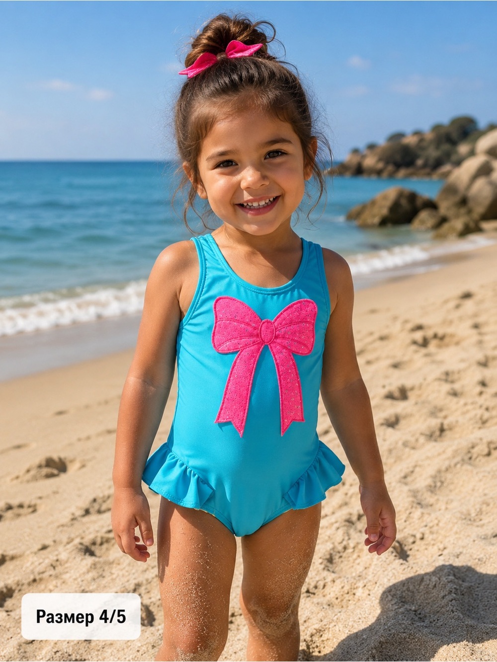 Turquoise One-Piece Swimsuit with Hot Pink Sequin Bow - Kids